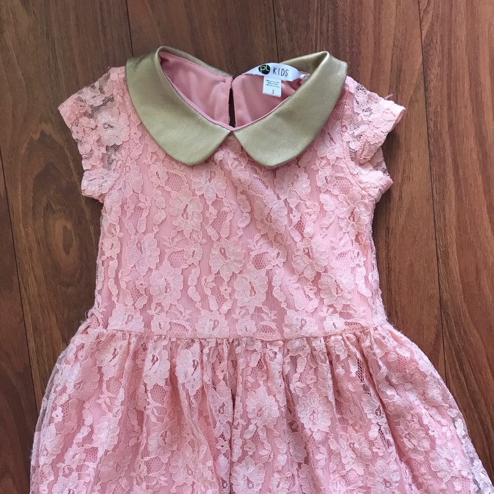 Petit Lem designer pink lace dress. gold collar. 3